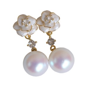 《粉雾山茶》法式复古珐琅滴釉花朵小众优雅粉光马贝珍珠耳环耳夹