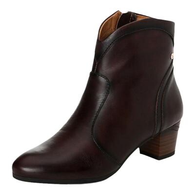 派高雁牛皮圆头粗跟短靴