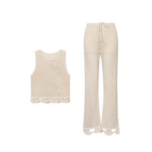 TOP家 循环假日 法式复古浪漫感 立体镂空钩花花边针织背心+长裤