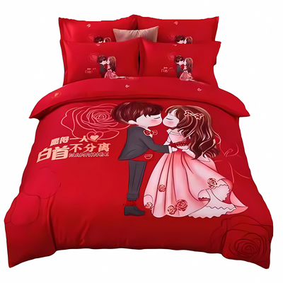 高档中式结婚床上四件套婚庆纯棉全棉新婚大红色床单被套婚嫁床品