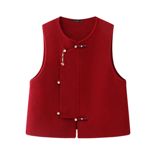 拉夏贝尔/La Chapelle春季新款圆领新中式挂坠坎肩外搭毛呢马甲女