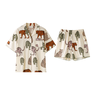 曼系“质感多彩豹”高级感短袖睡衣女夏季薄款开衫柔软棉宽松套装