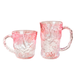 冰川纹玻璃杯带把喝水杯子高颜值带盖勺茶杯高级感女咖啡杯马克杯