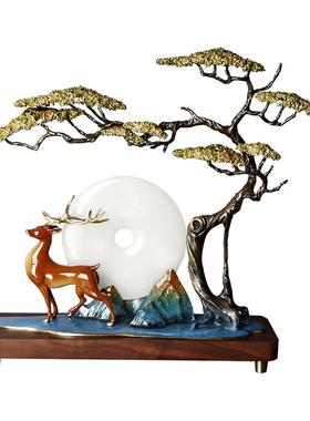 全铜迎客松月下松鹿中式客厅摆件