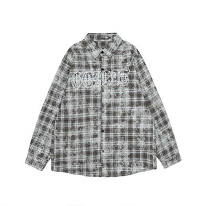 美式美潮复古泼墨字母刺绣格子长袖衬衫嘻哈潮牌男女宽松休闲ins