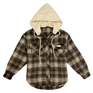 胖女童夹棉外套儿童秋冬加肥加大码格子衬衫连帽加厚时髦衬衣上衣