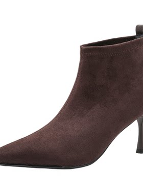 奥莱Nine West/玖熙美拉德棕色尖头细跟短靴女通勤气质女靴