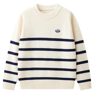 红豆儿童100%绵羊毛条纹毛衣男童女童中大童保暖针织衫打底上衣M