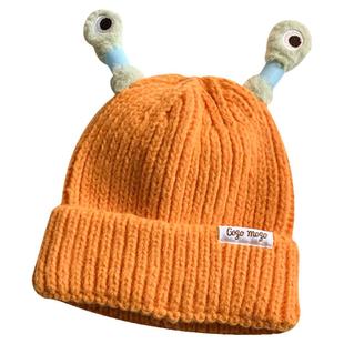 多巴胺可爱搞怪针织帽卡通青蛙发光帽子女秋冬季小眼睛搞笑毛线帽