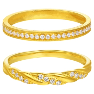 潮宏基繁星叠戴黄金钻石戒指足金戒圈手饰5G麻花排钻高级情人节