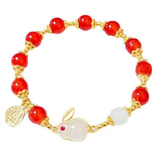 儿童手链女水晶粉色玉兔手镯高级红色珠子女生女童小女孩宝宝手串