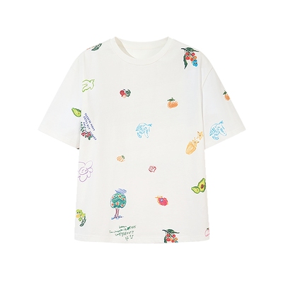 飞鸟和新酒纯棉白色短袖T恤女2025户外穿搭短款宽松印花圆领上衣