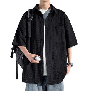 回力黑色短袖衬衫男士夏季2026新款冰丝薄款衬衣男生美式休闲外套