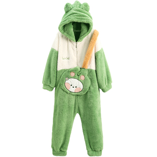 芬腾布朗熊女士睡衣秋冬季珊瑚绒连体衣加绒加厚法兰绒连帽家居服