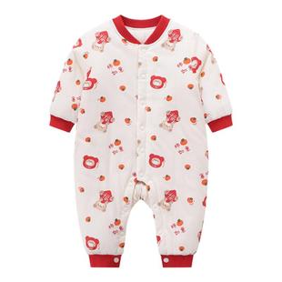 拉比婴儿哈衣25冬新品宝宝连体衣婴儿120g夹棉加厚保暖红色连体衣