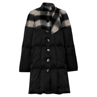 2025冬季新款气质优雅立领自带领巾连肩袖面料拼接灯笼袖羽绒服女