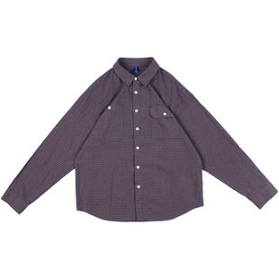 色织格子布嘿马七作现货翻领格子衬衫男春秋口袋装饰长袖衬衣