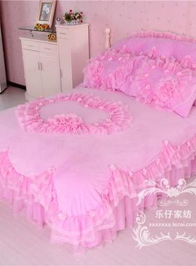 冬床裙式新款绗缝花边四件套少女心双面绒床单床罩被套紫色家纺