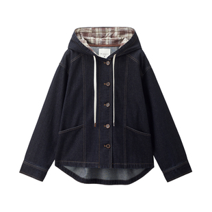 设计师款佐丹奴牛仔外套女格纹帽里抽绳宽松连帽牛仔夹克18375206