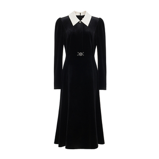 朗姿/MOJO AVENUE莫佐2025冬新款法式优雅丝绒连衣裙女黑白撞色经