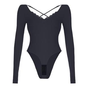 ABMY 露背辣妹蕾丝上衣连体长袖T恤女修身绑带裸感打底衫 带胸垫