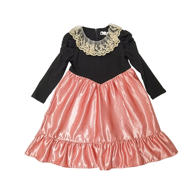 女童韩国童装PinkBerry2021秋季宝宝蕾丝荷叶领仿绸缎复古公主裙