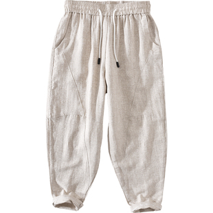 极麻松紧腰直筒休闲棉麻弯刀裤男士日系个性抽绳薄款宽松亚麻长裤