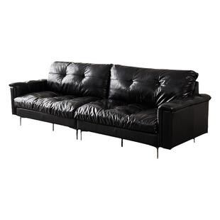 大司马 中古风沙发小户型直排黑色油蜡头层真皮沙发法式复古沙发