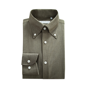 CULTUM意式免烫弹力纽扣领绿色长袖衬衫男士复古绅士休闲商务衬衣
