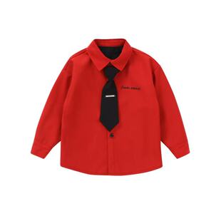 男童加绒衬衫韩版新款童装红色男童长袖百搭领带衬衣过年冬装上衣