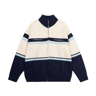 GOGOSOON毛衣男秋冬新款立领条纹休闲针织开衫上衣北极绒拼色Q