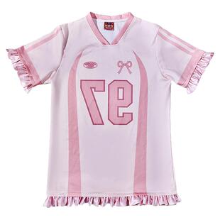 饭粒家原创设计美式拼接T恤女夏季粉正肩上衣bloketteV领运动球衣