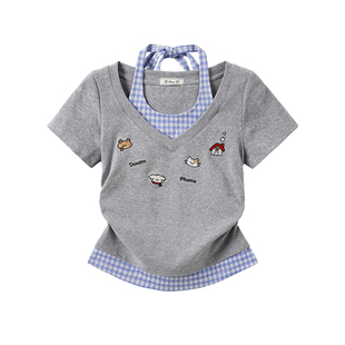 奶油的宇宙 刺绣格纹假两件挂脖短袖T恤女小个子收腰正肩短款上衣