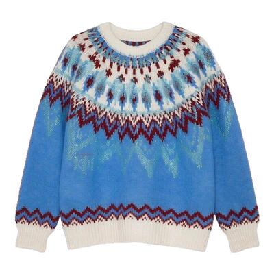 TCH烫钻费尔岛毛衣女秋冬宽松软糯保暖百搭圆领针织衫T78A09E1015