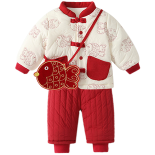新年宝宝秋冬套装婴儿喜庆过年拜年服加绒加厚棉衣棉裤分体两件套