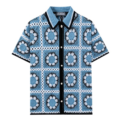 2026夏欧美复古格子提花短袖POLO衫男休闲钩花开衫上衣Men shirt