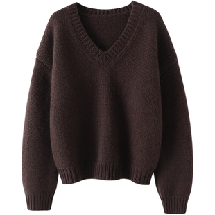 气质雕琢~重磅加厚粗棒针V领山羊绒衫女纯羊绒毛衣针织衫宽松秋冬