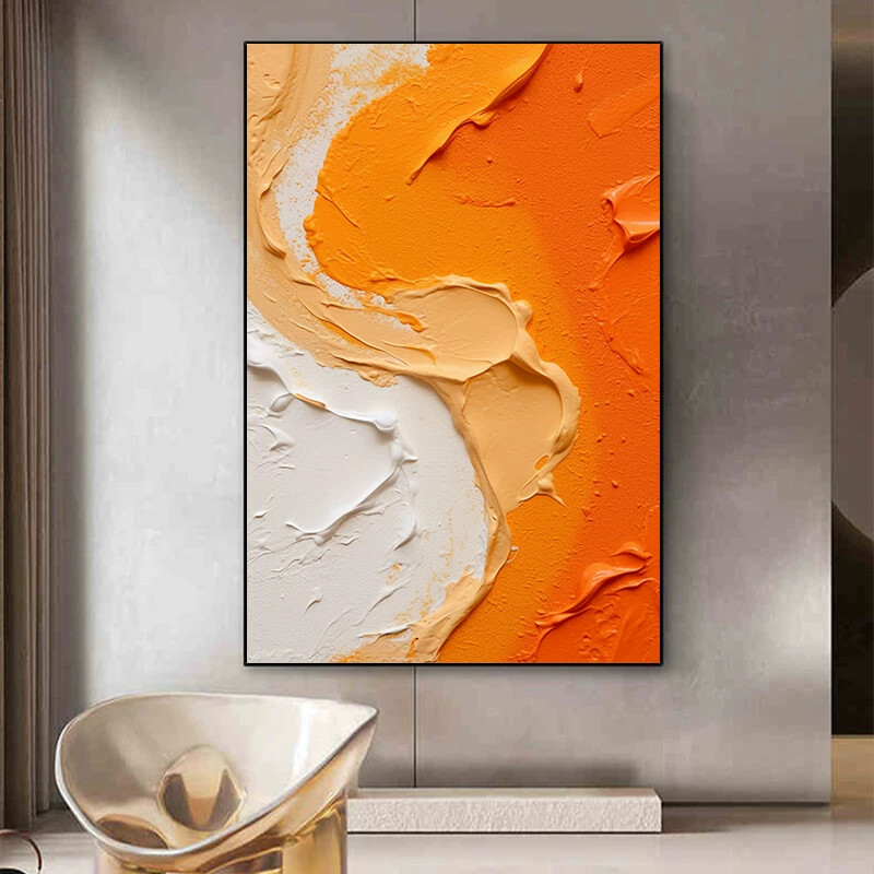 现代抽象莫兰迪橙白客厅装饰画3d立体肌理高级感餐厅背景墙壁挂画