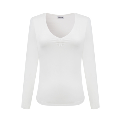 2色弹力基础长袖欧美胸口褶皱