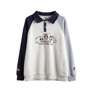 小个子polo领撞色卫衣女春秋2026新款宽松薄款初中生刺绣上衣外套