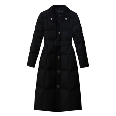 【柏林夜晚】小娜椒小个子黑色气质法式轻奢翻领收腰长款羽绒服女