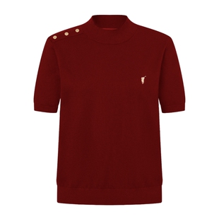 POLOWALK女式短袖针织衫2026春季新品半高领针织T恤红色显瘦上衣