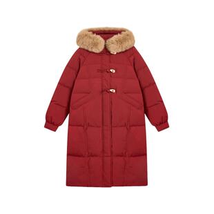 紫涵长款毛领连帽羽绒服女2025年冬季新款直筒牛角扣加厚保暖外套