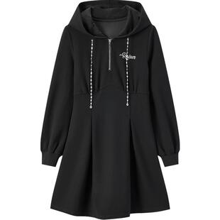 爱居兔秋季时尚收腰卫衣式连帽长袖连衣裙