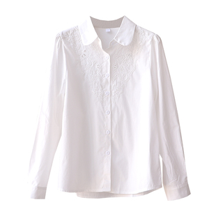 春秋新时尚polo领气质棉布衬衫女重工刺绣洋气镂空打底上衣女衬衣