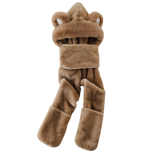 小熊帽子女冬季毛绒保暖加厚骑车防风连帽围脖围巾一体口罩三件套