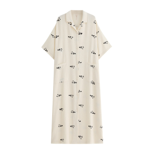 悦内睡衣睡裙女款夏季夏款纯棉纱布短袖开衫长款裙子全棉大码熊猫