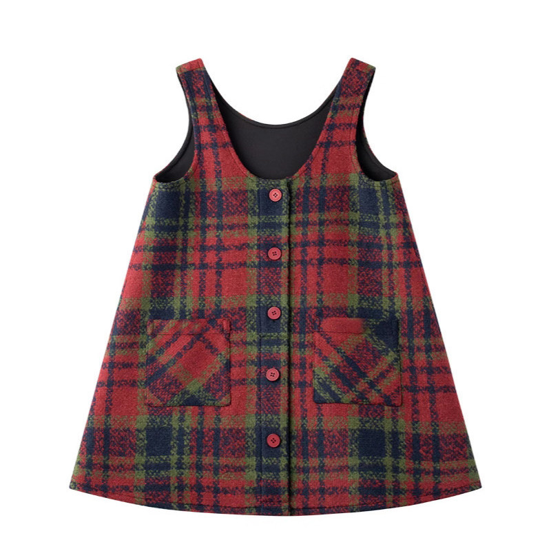 节日童装2026女童春季格纹毛呢背心裙子女宝宝韩版可爱甜美连衣裙