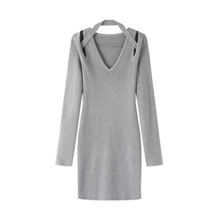 PAPERLLL咖色长袖修身打底毛衣裙女新款黑色针织连衣裙秋冬款女