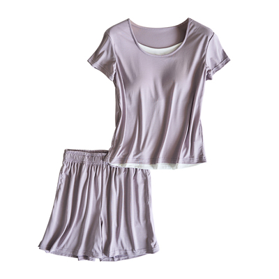 带胸垫睡衣女夏薄款短袖短裤套装